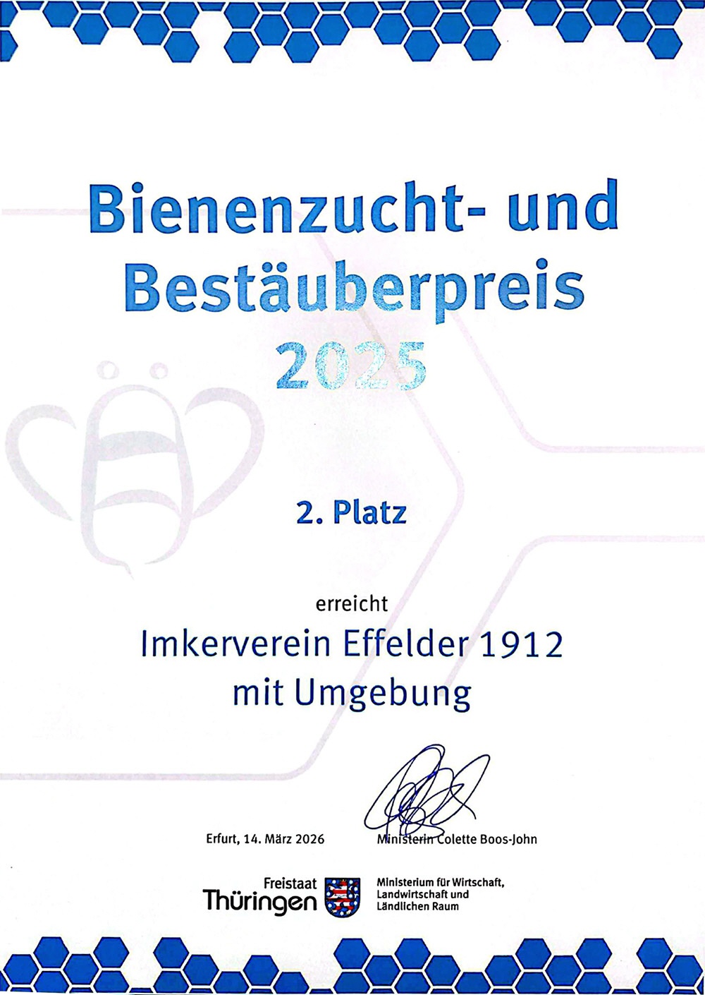 2. Platz beim Bienenzucht- und Best&auml;berpreis 2025